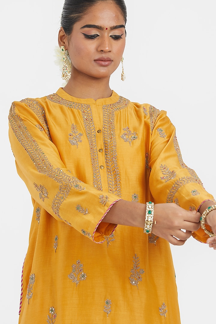 Deep Yellow Silk Chanderi Sequins Embroidered Short Kurta by Kora at Pernia's Pop Up Shop