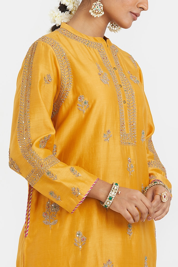 Deep Yellow Silk Chanderi Sequins Embroidered Short Kurta by Kora at Pernia's Pop Up Shop