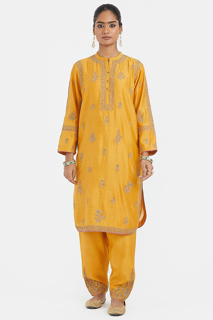 Deep Yellow Silk Chanderi Sequins Embroidered Short Kurta Set by Kora at Pernia's Pop Up Shop