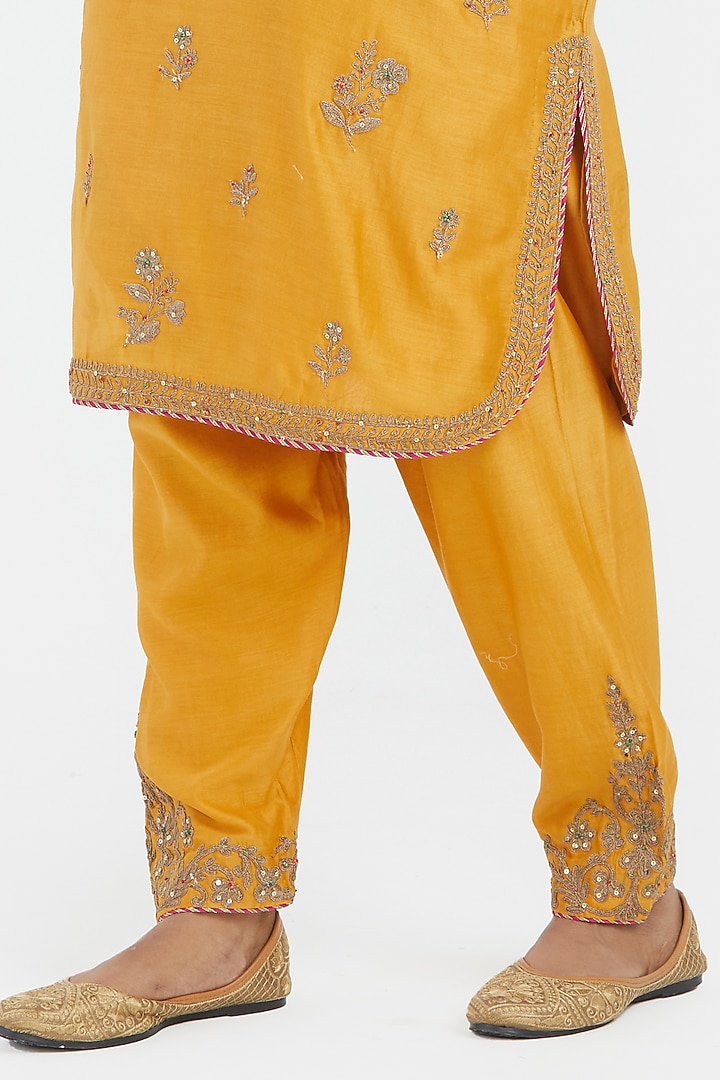 Deep Yellow Silk Chanderi Sequins Embroidered Short Kurta Set by Kora at Pernia's Pop Up Shop