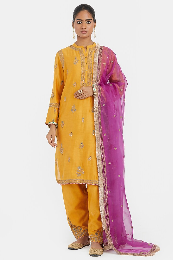 Deep Yellow Silk Chanderi Sequins Embroidered Short Kurta Set by Kora at Pernia's Pop Up Shop