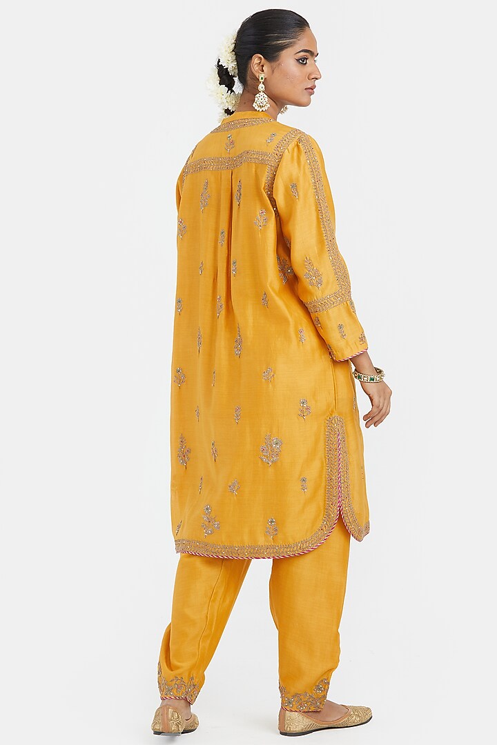 Deep Yellow Silk Chanderi Sequins Embroidered Short Kurta Set by Kora at Pernia's Pop Up Shop