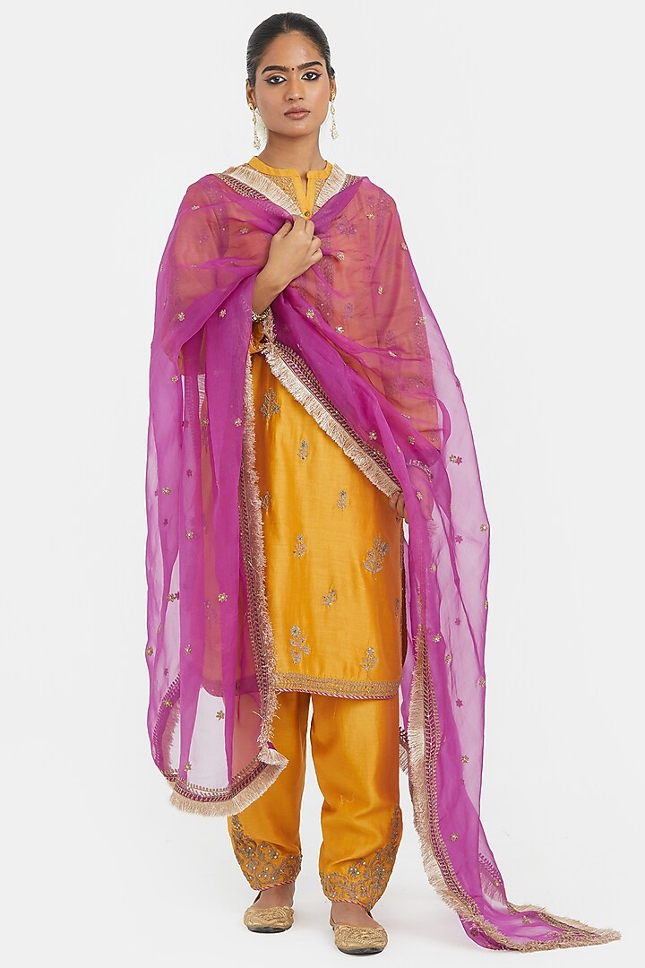 Deep Yellow Silk Chanderi Sequins Embroidered Short Kurta Set by Kora at Pernia's Pop Up Shop