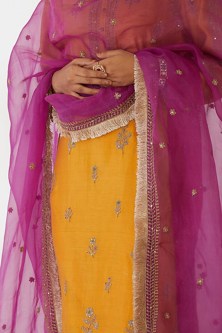 Deep Yellow Silk Chanderi Sequins Embroidered Short Kurta Set by Kora at Pernia's Pop Up Shop