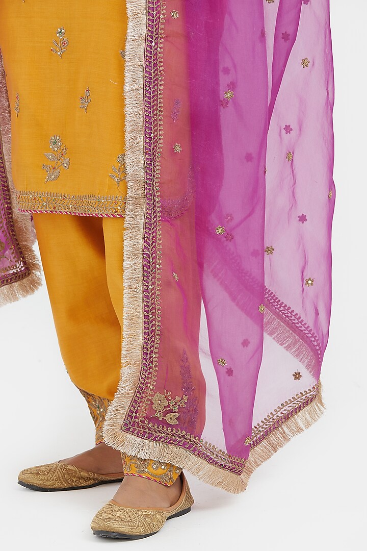 Deep Yellow Silk Chanderi Sequins Embroidered Short Kurta Set by Kora at Pernia's Pop Up Shop
