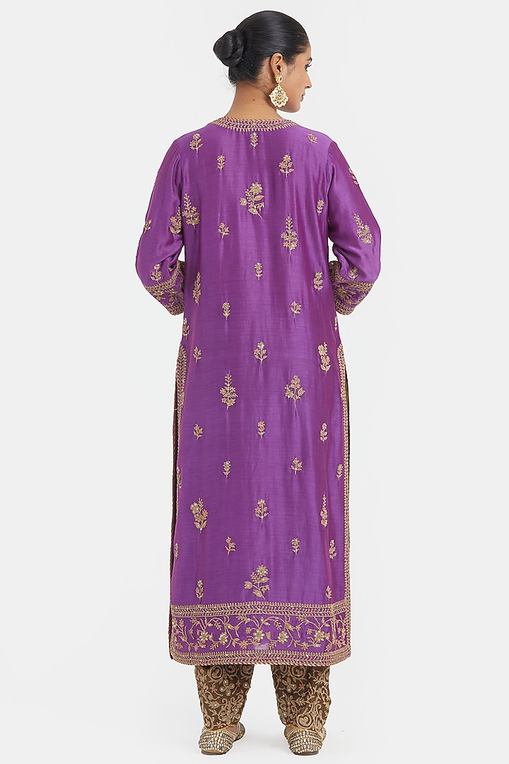 Purple Silk Chanderi Sequins Embroidered Straight Kurta Set by Kora at Pernia's Pop Up Shop