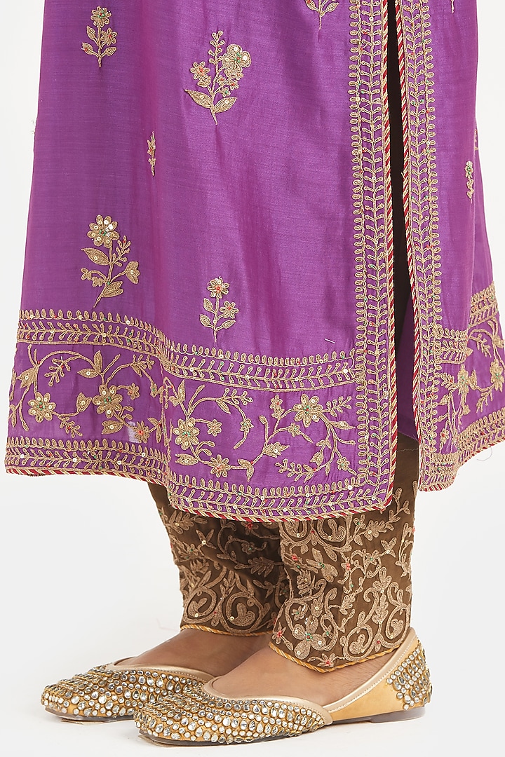 Purple Silk Chanderi Sequins Embroidered Straight Kurta Set by Kora at Pernia's Pop Up Shop