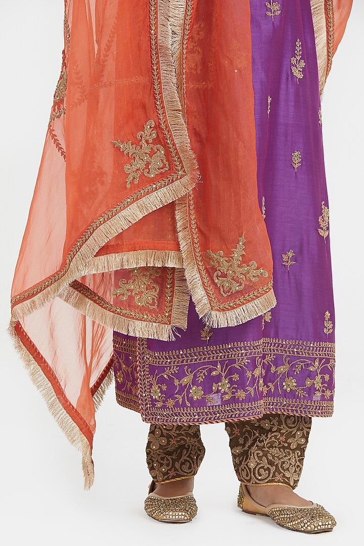 Purple Silk Chanderi Sequins Embroidered Straight Kurta Set by Kora at Pernia's Pop Up Shop