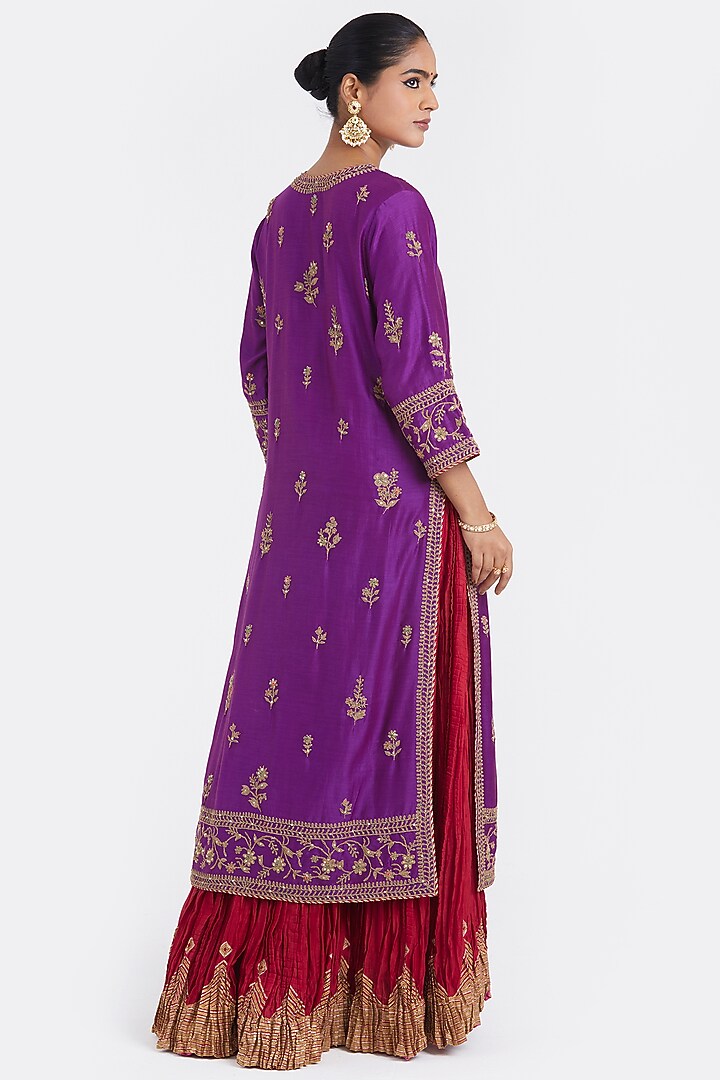 Purple Silk Chanderi Sequins Embroidered Straight Kurta by Kora at Pernia's Pop Up Shop