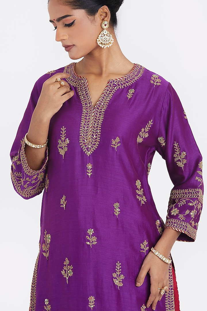 Purple Silk Chanderi Sequins Embroidered Straight Kurta by Kora at Pernia's Pop Up Shop