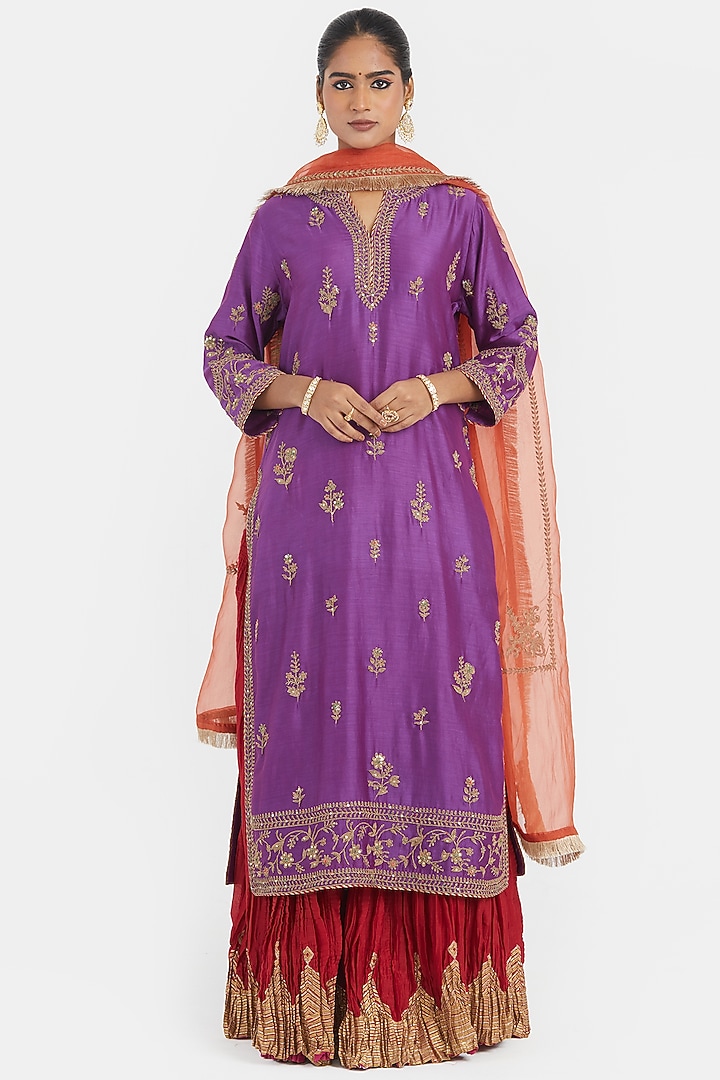 Purple Silk Chanderi Sequins Embroidered Straight Kurta Set by Kora at Pernia's Pop Up Shop