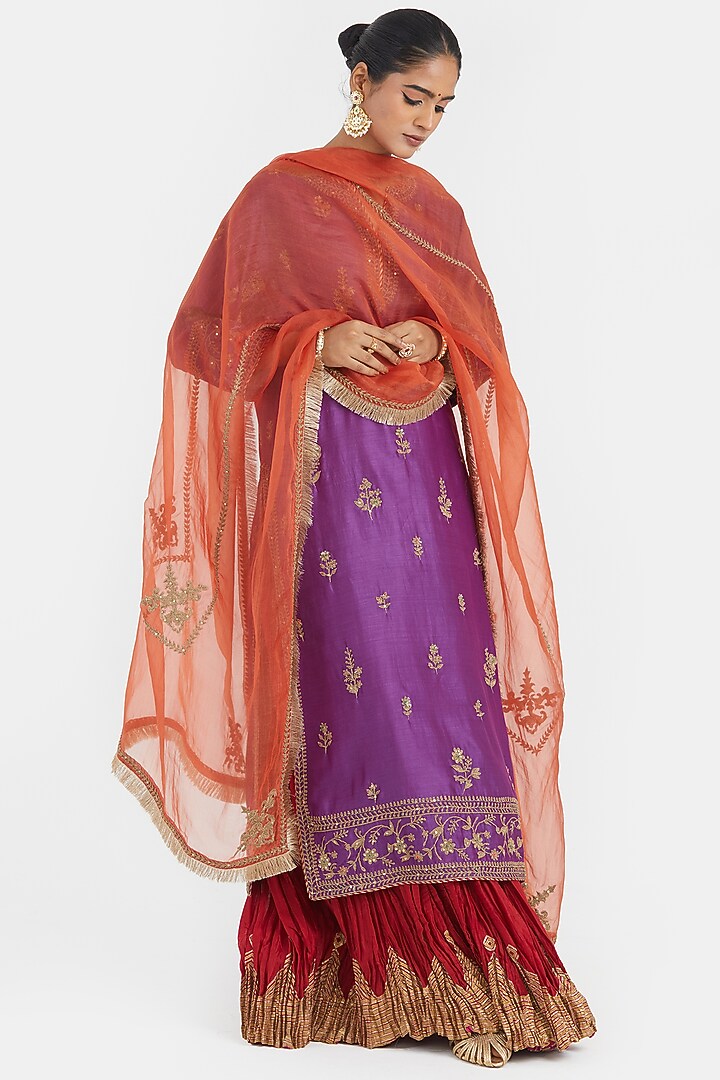 Purple Silk Chanderi Sequins Embroidered Straight Kurta Set by Kora at Pernia's Pop Up Shop