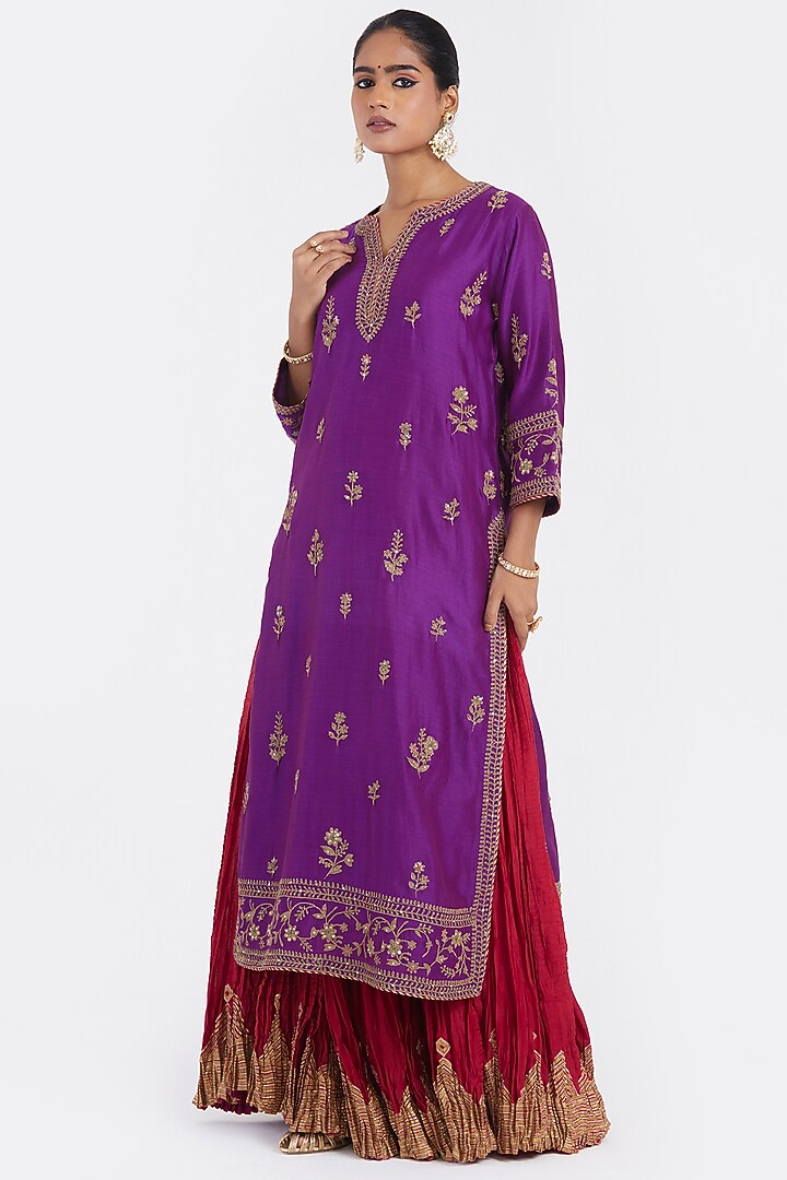 Purple Silk Chanderi Sequins Embroidered Straight Kurta Set by Kora at Pernia's Pop Up Shop