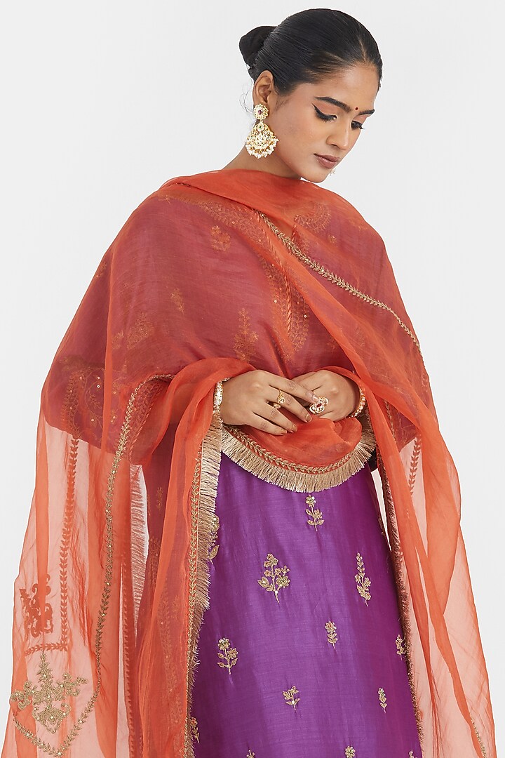 Purple Silk Chanderi Sequins Embroidered Straight Kurta Set by Kora at Pernia's Pop Up Shop