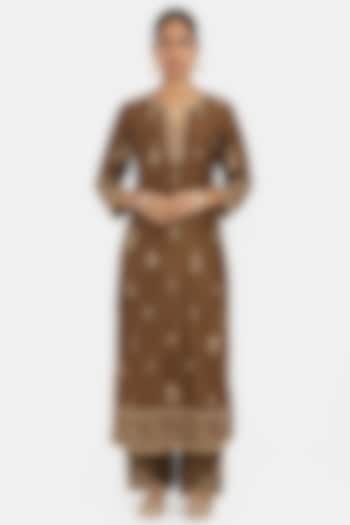 Olive Green Silk Chanderi Sequins Embroidered Straight Kurta Set by Kora at Pernia's Pop Up Shop