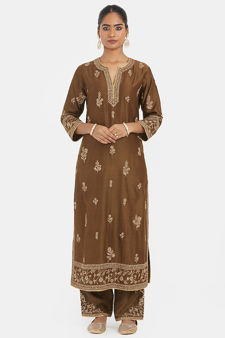 Olive Green Silk Chanderi Sequins Embroidered Straight Kurta Set by Kora at Pernia's Pop Up Shop