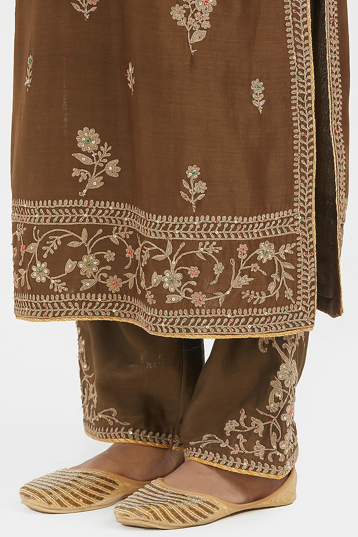 Olive Green Silk Chanderi Sequins Embroidered Straight Kurta Set by Kora at Pernia's Pop Up Shop