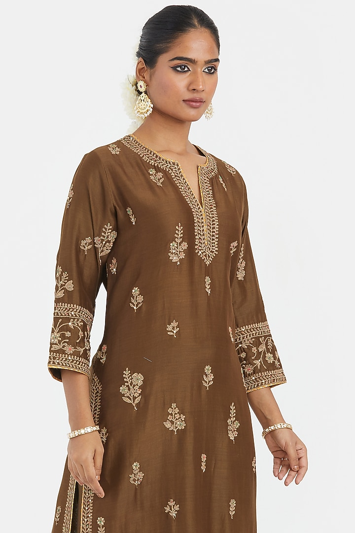 Olive Green Silk Chanderi Sequins Embroidered Straight Kurta Set by Kora at Pernia's Pop Up Shop