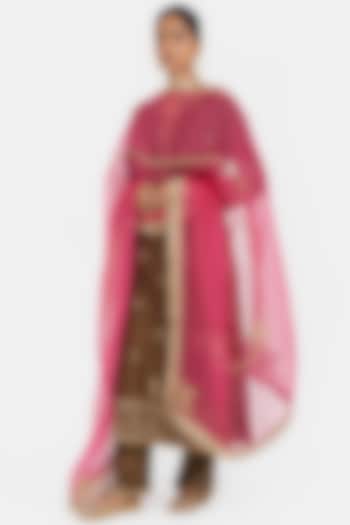 Olive Green Silk Chanderi Sequins Embroidered Straight Kurta Set by Kora at Pernia's Pop Up Shop