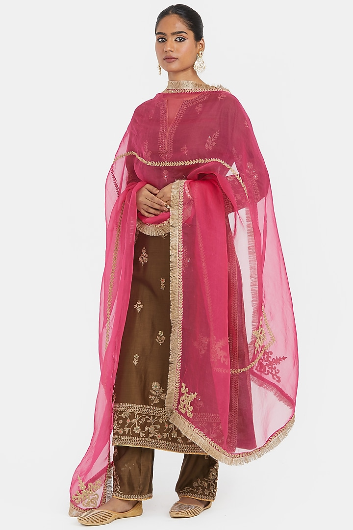 Olive Green Silk Chanderi Sequins Embroidered Straight Kurta Set by Kora at Pernia's Pop Up Shop