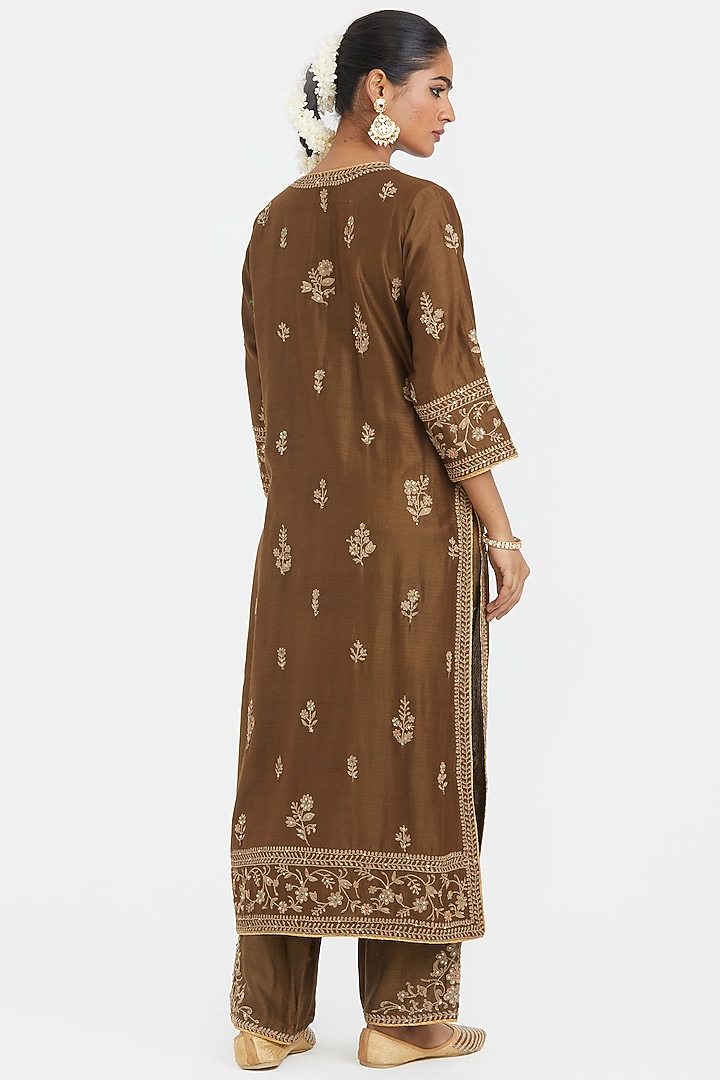 Olive Green Silk Chanderi Sequins Embroidered Straight Kurta Set by Kora at Pernia's Pop Up Shop