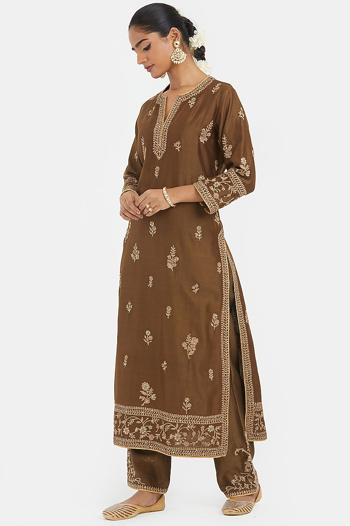Olive Green Silk Chanderi Sequins Embroidered Straight Kurta Set by Kora at Pernia's Pop Up Shop