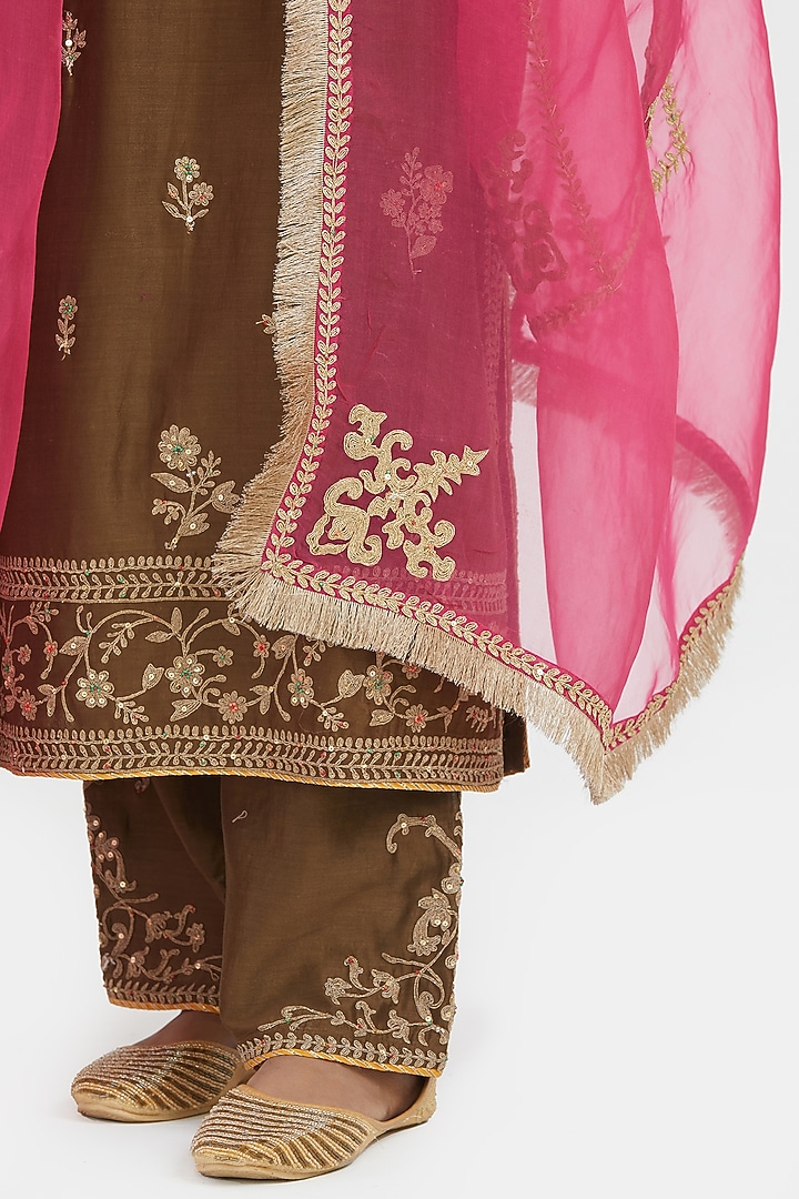 Olive Green Silk Chanderi Sequins Embroidered Straight Kurta Set by Kora at Pernia's Pop Up Shop