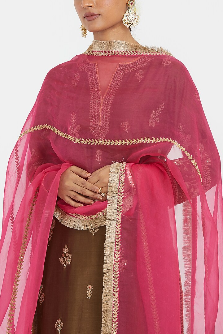 Olive Green Silk Chanderi Sequins Embroidered Straight Kurta Set by Kora at Pernia's Pop Up Shop