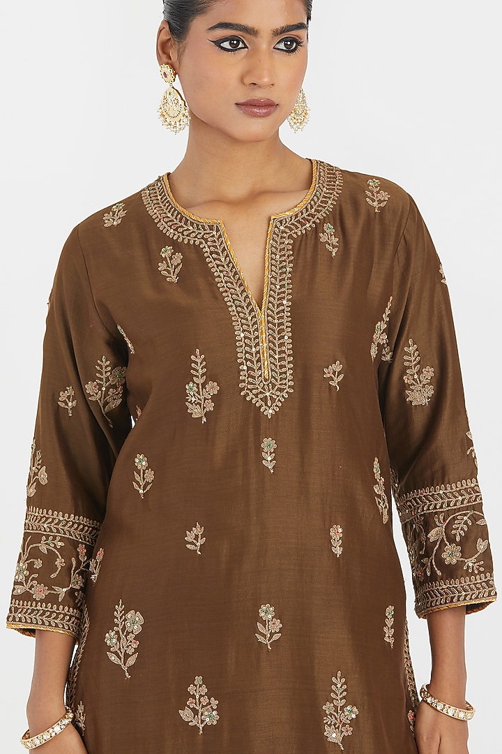 Olive Green Silk Chanderi Sequins Embroidered Straight Kurta by Kora at Pernia's Pop Up Shop