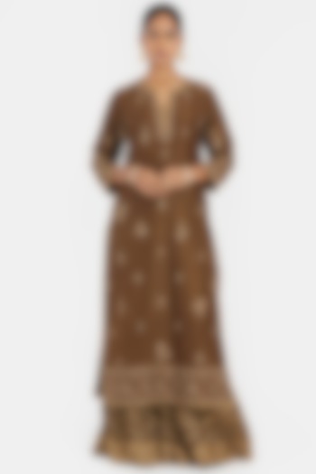 Olive Green Silk Chanderi Sequins Embroidered Straight Kurta Set by Kora at Pernia's Pop Up Shop