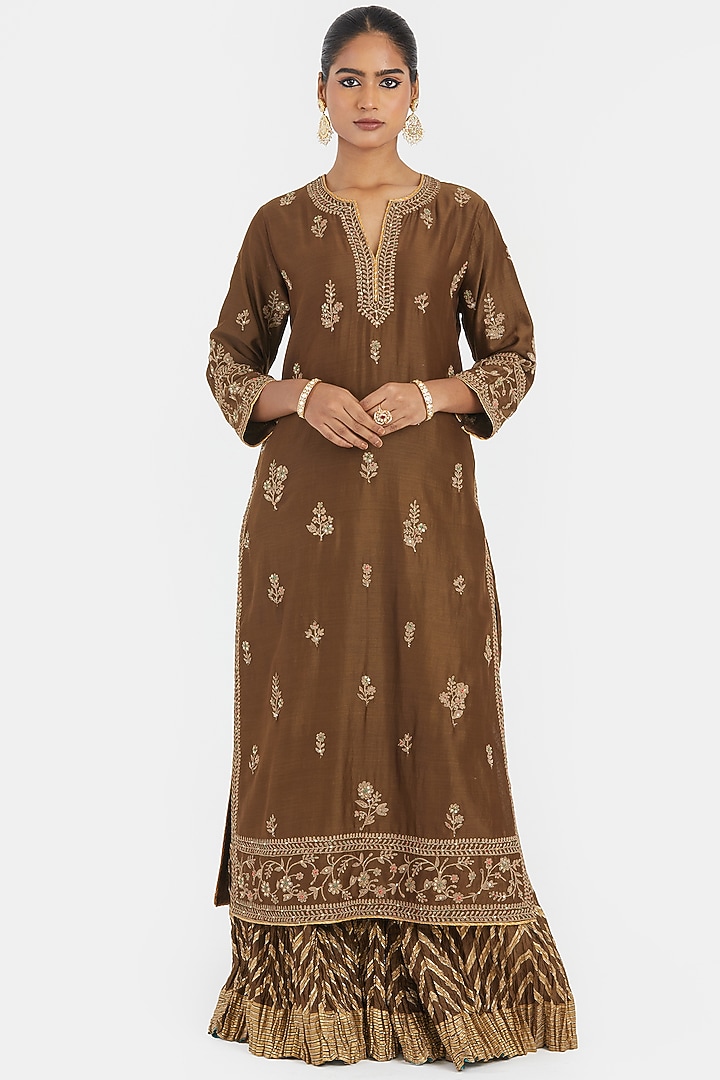 Olive Green Silk Chanderi Sequins Embroidered Straight Kurta Set by Kora at Pernia's Pop Up Shop