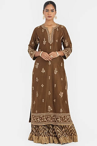 Olive Green Silk Chanderi Sequins Embroidered Straight Kurta Set by Kora