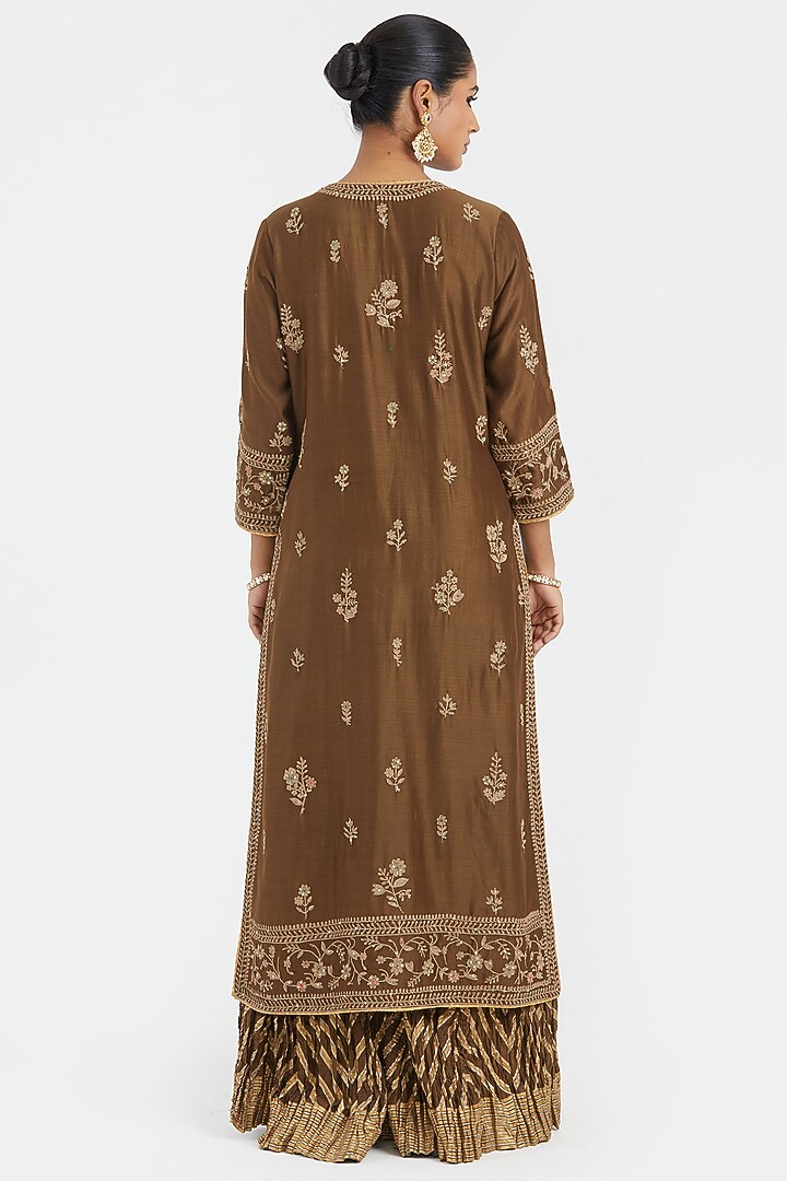 Olive Green Silk Chanderi Sequins Embroidered Straight Kurta Set by Kora at Pernia's Pop Up Shop
