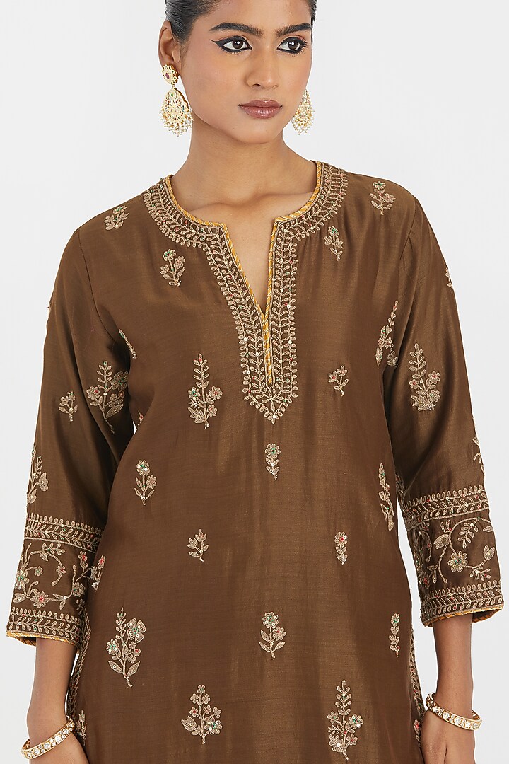 Olive Green Silk Chanderi Sequins Embroidered Straight Kurta Set by Kora at Pernia's Pop Up Shop