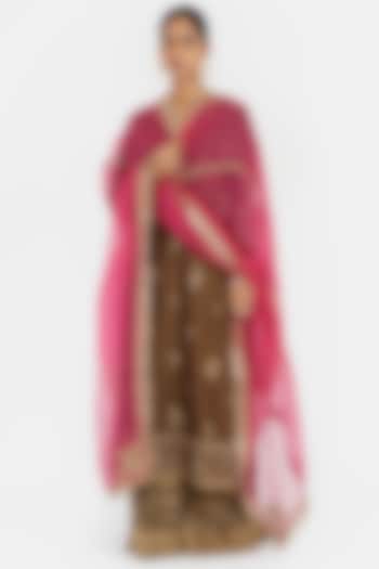 Olive Green Silk Chanderi Sequins Embroidered Straight Kurta Set by Kora at Pernia's Pop Up Shop