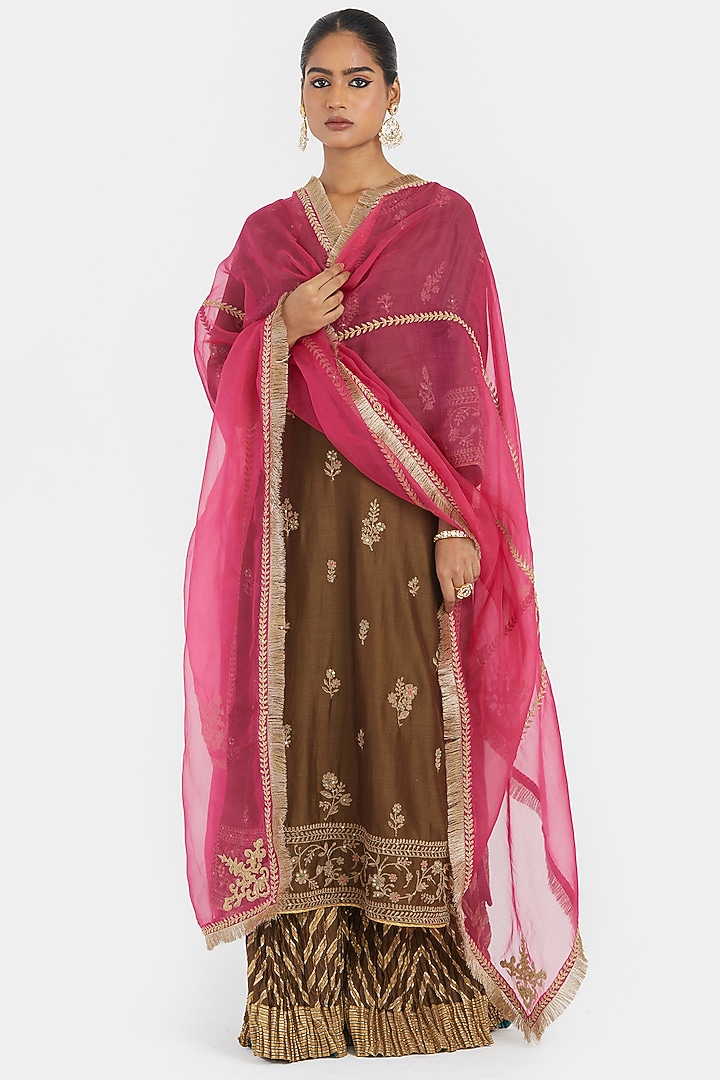 Olive Green Silk Chanderi Sequins Embroidered Straight Kurta Set by Kora at Pernia's Pop Up Shop