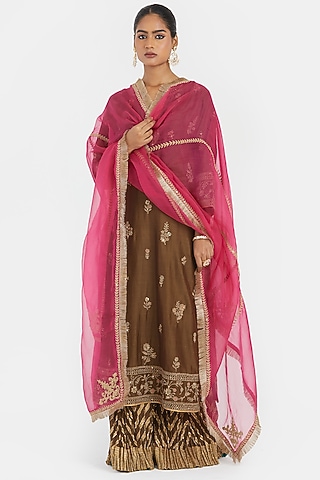 Olive Green Silk Chanderi Sequins Embroidered Straight Kurta Set by Kora