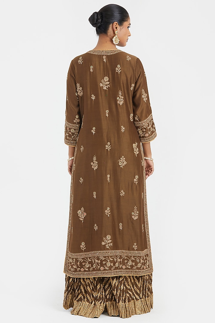 Olive Green Silk Chanderi Sequins Embroidered Straight Kurta Set by Kora at Pernia's Pop Up Shop