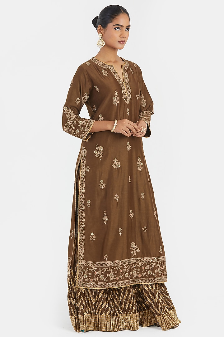 Olive Green Silk Chanderi Sequins Embroidered Straight Kurta Set by Kora at Pernia's Pop Up Shop