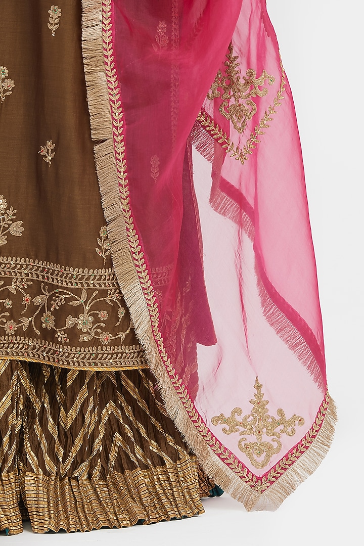 Olive Green Silk Chanderi Sequins Embroidered Straight Kurta Set by Kora at Pernia's Pop Up Shop