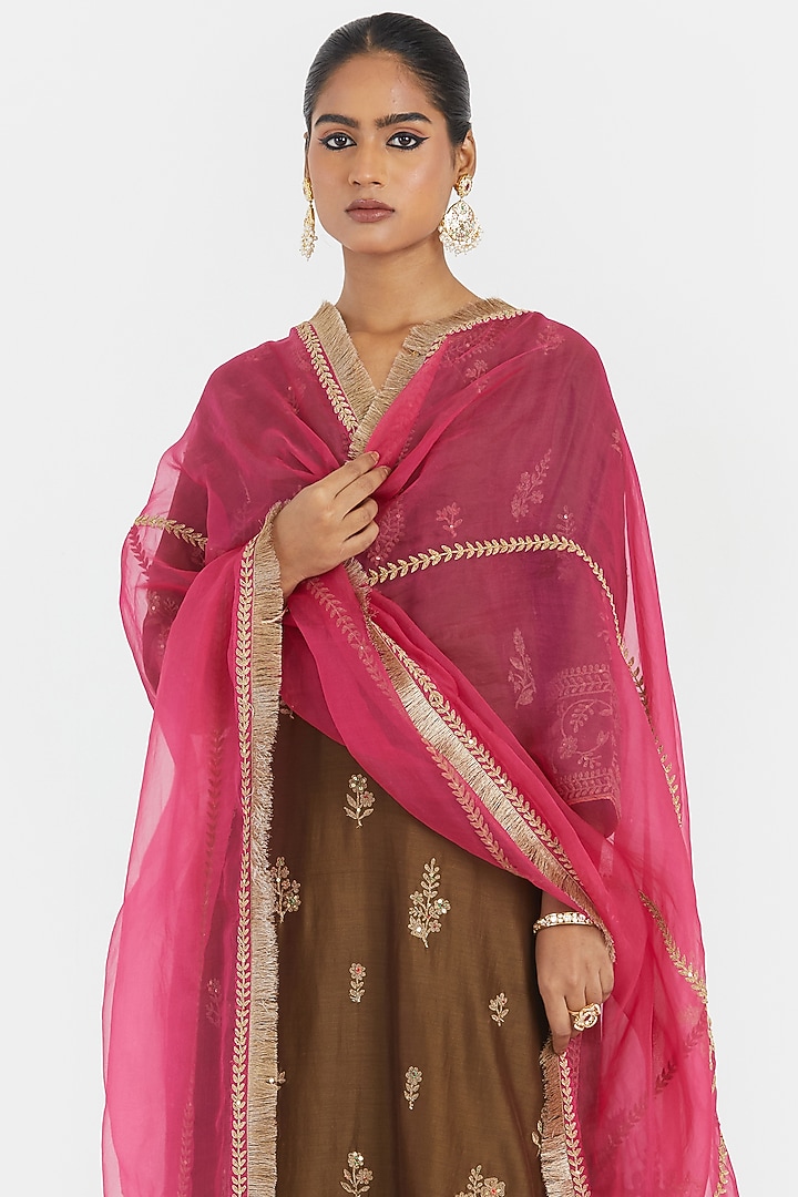 Olive Green Silk Chanderi Sequins Embroidered Straight Kurta Set by Kora at Pernia's Pop Up Shop