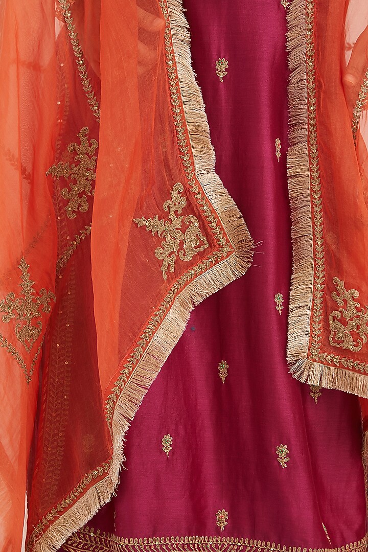 Deep Fuchsia Silk Chanderi Sequins Embroidered Straight Kurta Set by Kora at Pernia's Pop Up Shop