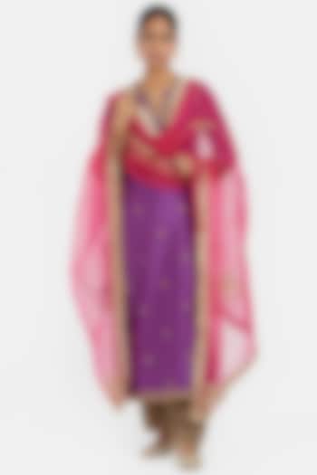 Purple Silk Chanderi Sequins Embroidered Straight Kurta Set by Kora at Pernia's Pop Up Shop