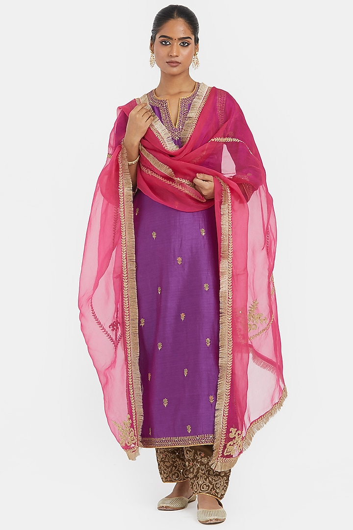 Purple Silk Chanderi Sequins Embroidered Straight Kurta Set by Kora at Pernia's Pop Up Shop