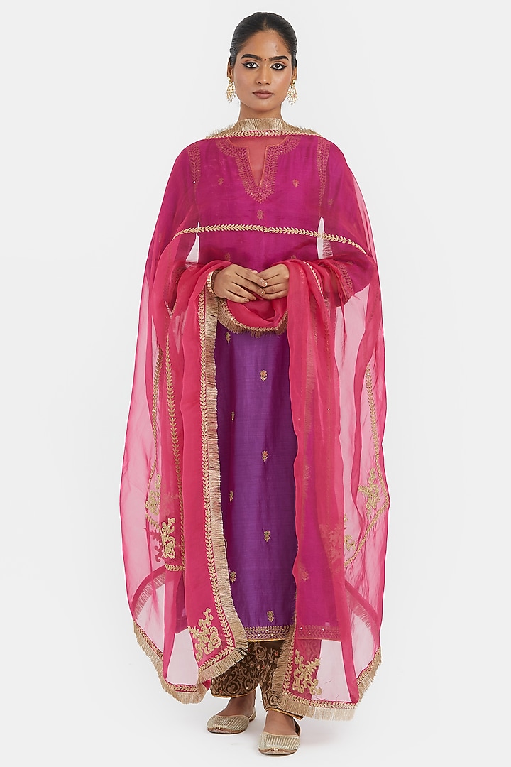 Purple Silk Chanderi Sequins Embroidered Straight Kurta Set by Kora at Pernia's Pop Up Shop