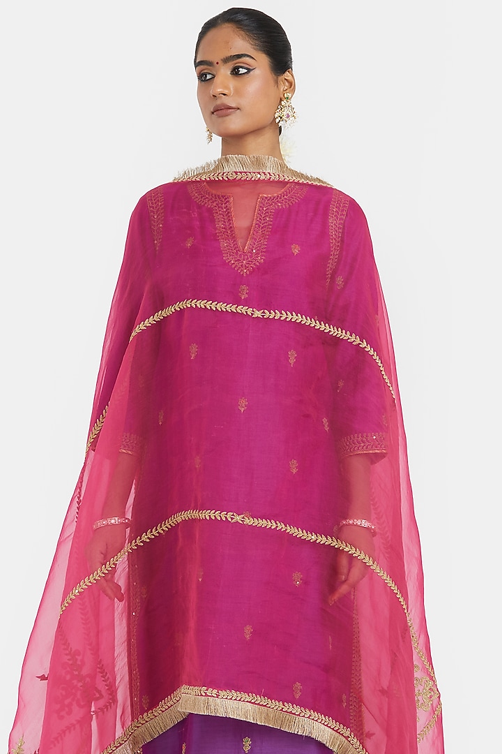 Purple Silk Chanderi Sequins Embroidered Straight Kurta Set by Kora at Pernia's Pop Up Shop