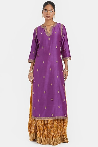 Purple Silk Chanderi Sequins Embroidered Straight Kurta Set by Kora