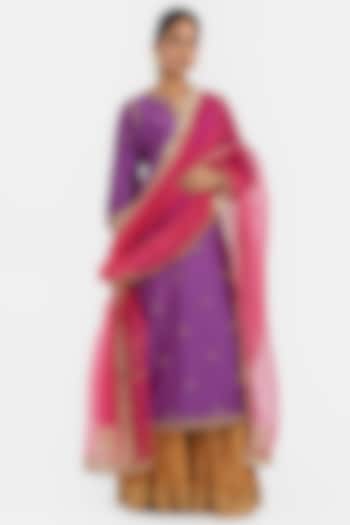 Purple Silk Chanderi Sequins Embroidered Straight Kurta Set by Kora at Pernia's Pop Up Shop