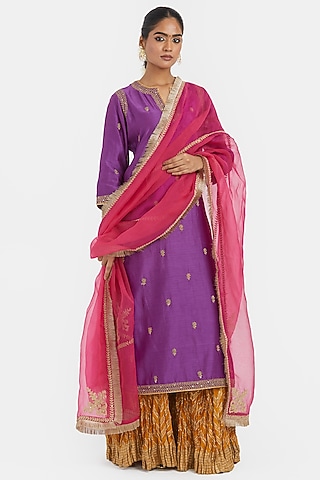 Purple Silk Chanderi Sequins Embroidered Straight Kurta Set by Kora