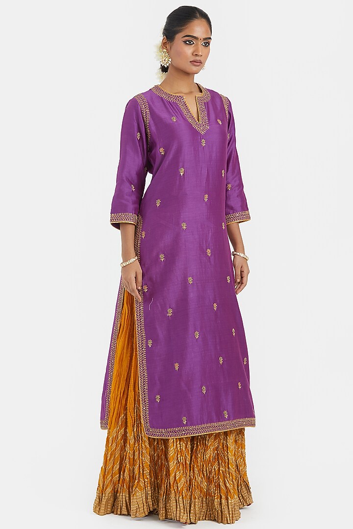 Purple Silk Chanderi Sequins Embroidered Straight Kurta Set by Kora at Pernia's Pop Up Shop
